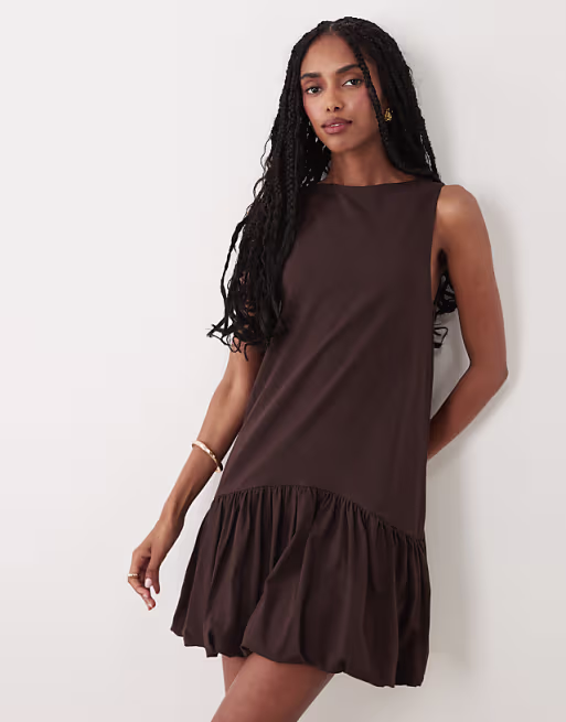 sleeveless mini dress with bubble hem in chocolate