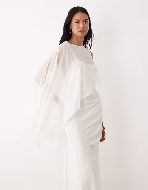 draped batwing asymmetric one sleeve maxi dress in ivory