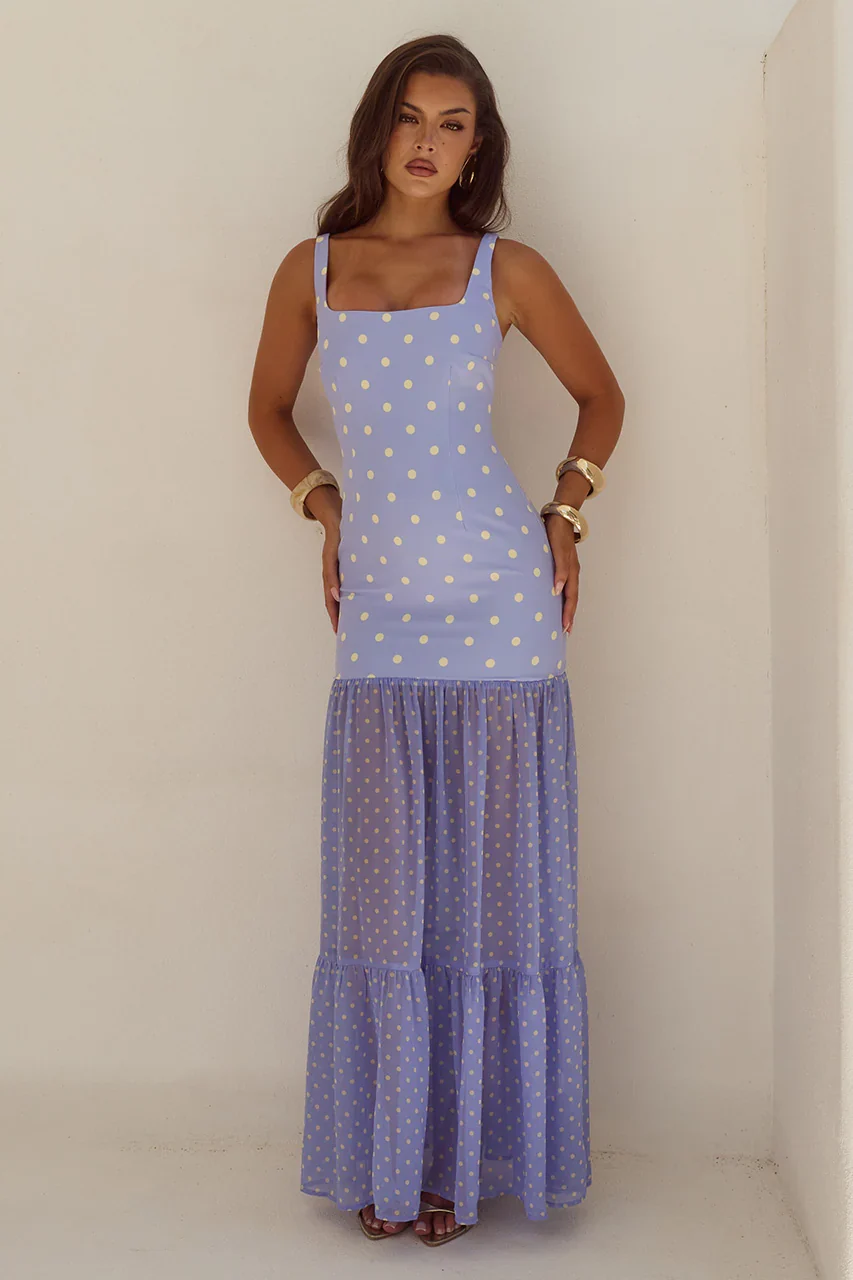 TILLIE SHEER BOTTOM MAXI DRESS - PERIWINKLE/LEMON POLKA