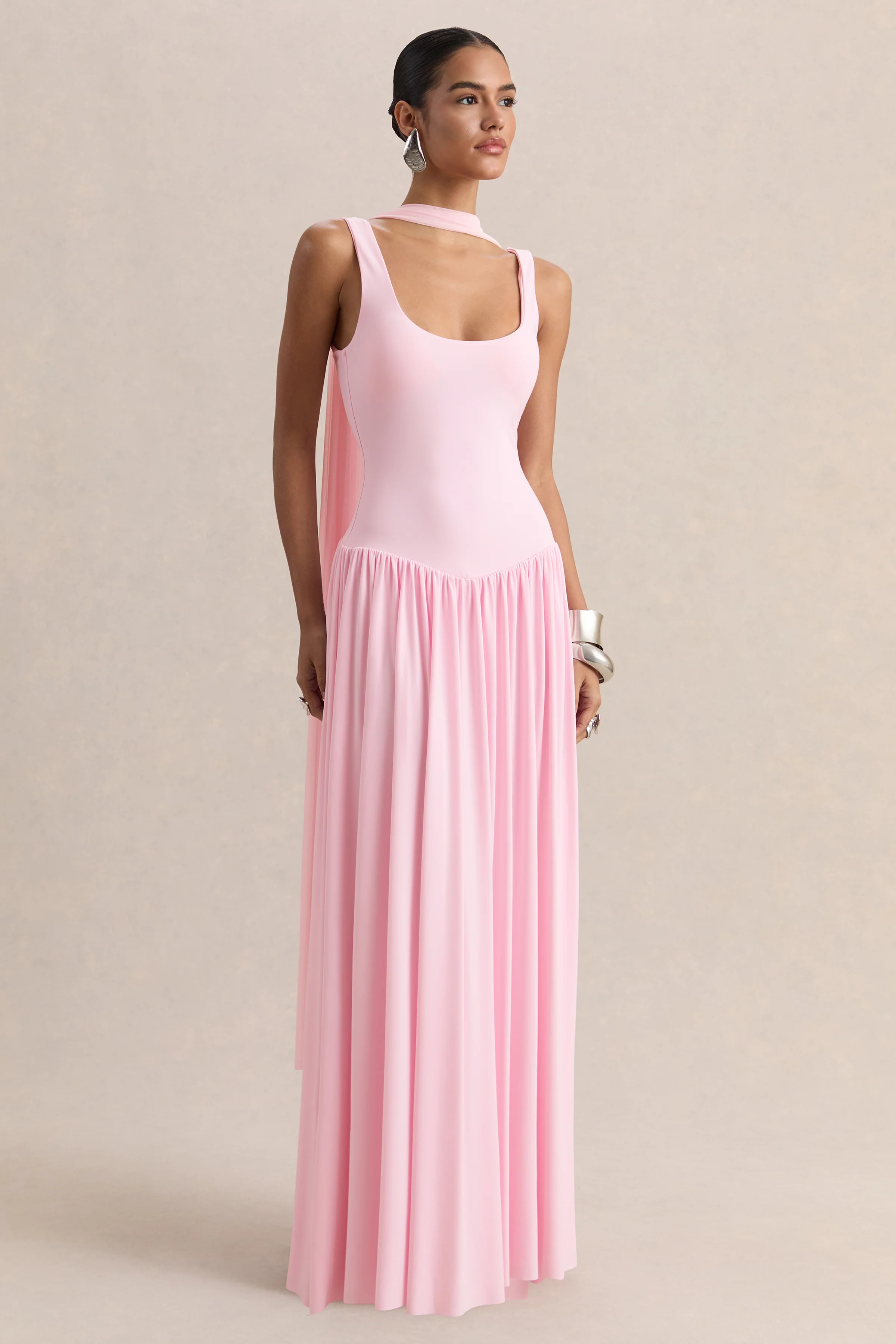 Aurina | Pink Square-Neck Maxi Dress With Scarf-Detail