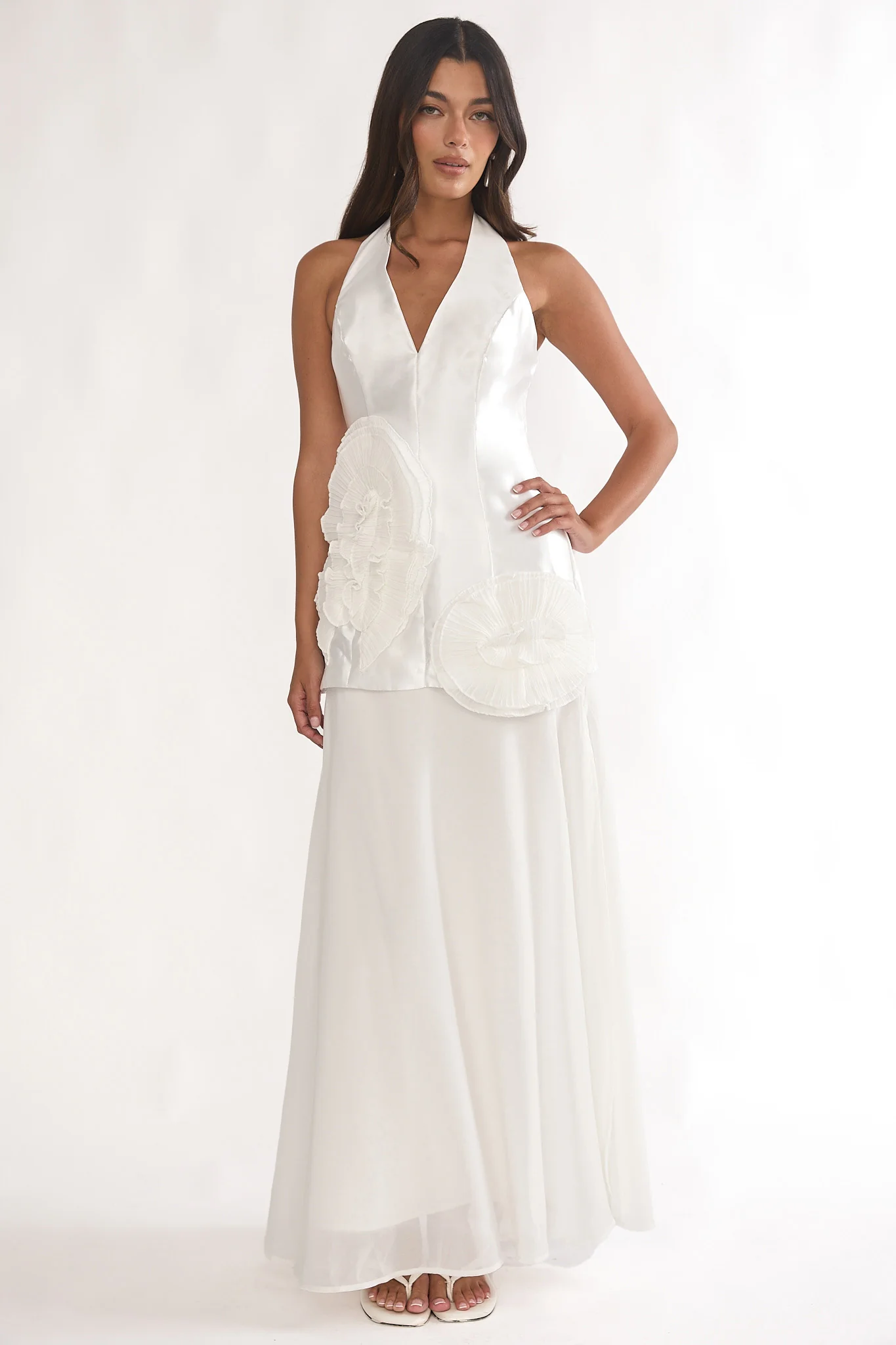 Elyria 3D Ruffle Halter Maxi Dress White - luluinthesky