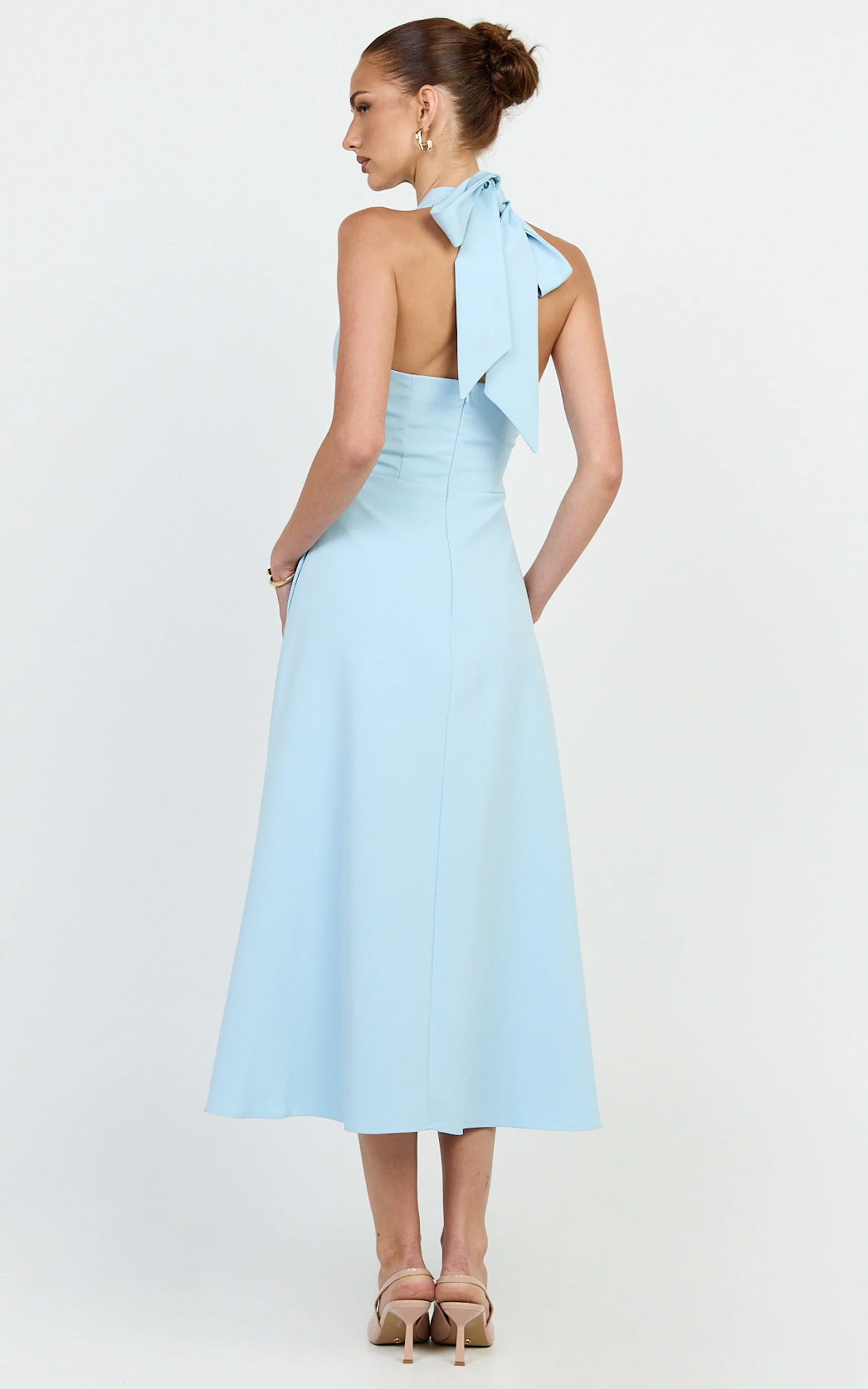 Karissa Midi Dress - Halter Neck Fitted Bodice Midi Soft A Line Skirt Dress in Pale Blue