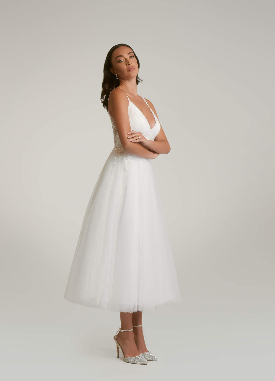 Diamond White A-Line V-Neck Sequins Tulle Dress