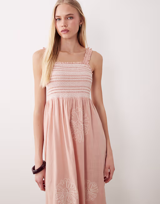 Accessorize embroidered maxi beach dress with frill straps in pink