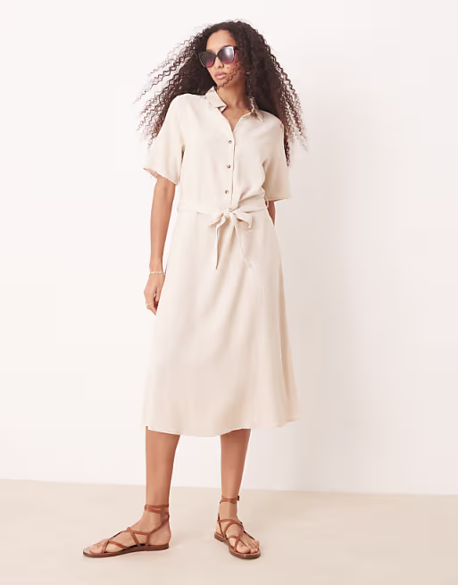 JDY linen mix midi shirt dress in beige