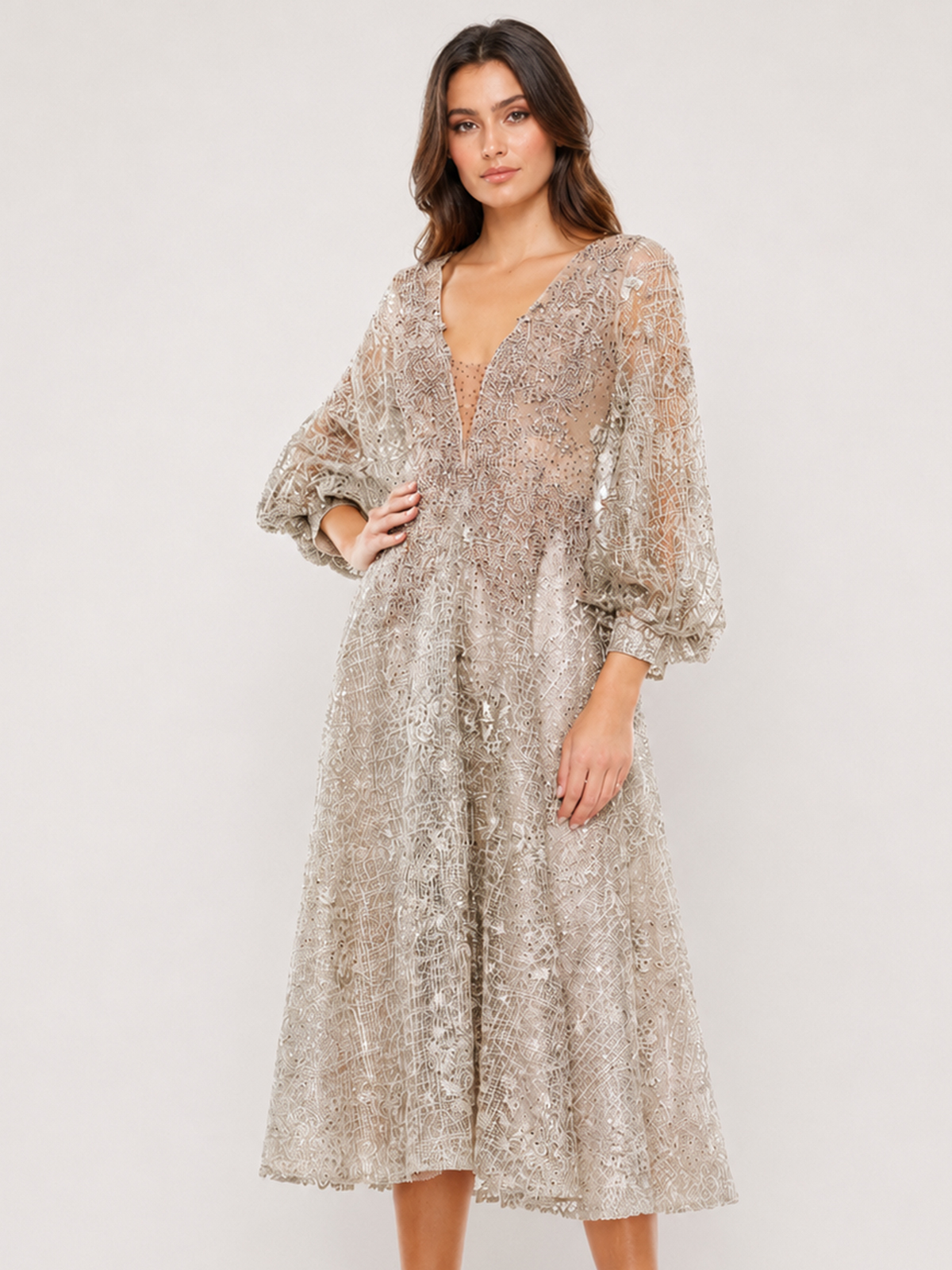 Beige Embellished Plunge Neck Bishop Sleeve Dress