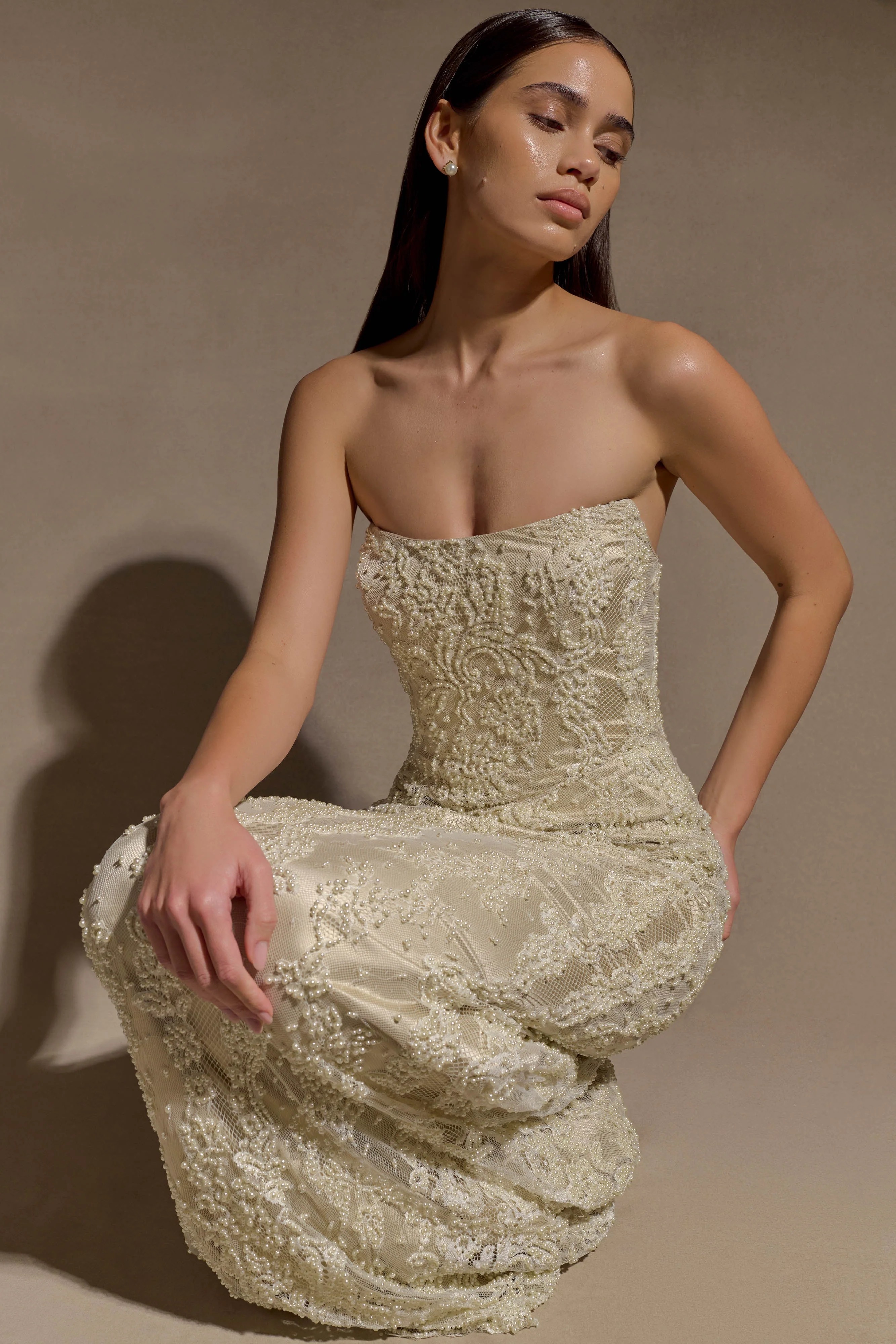 Eva Hand Beaded Pearl & Lace Maxi Dress - White