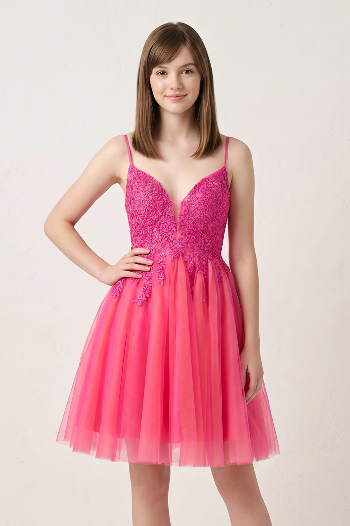 Hot Pink V Neck Straps Appliques Tulle Homecoming Dress