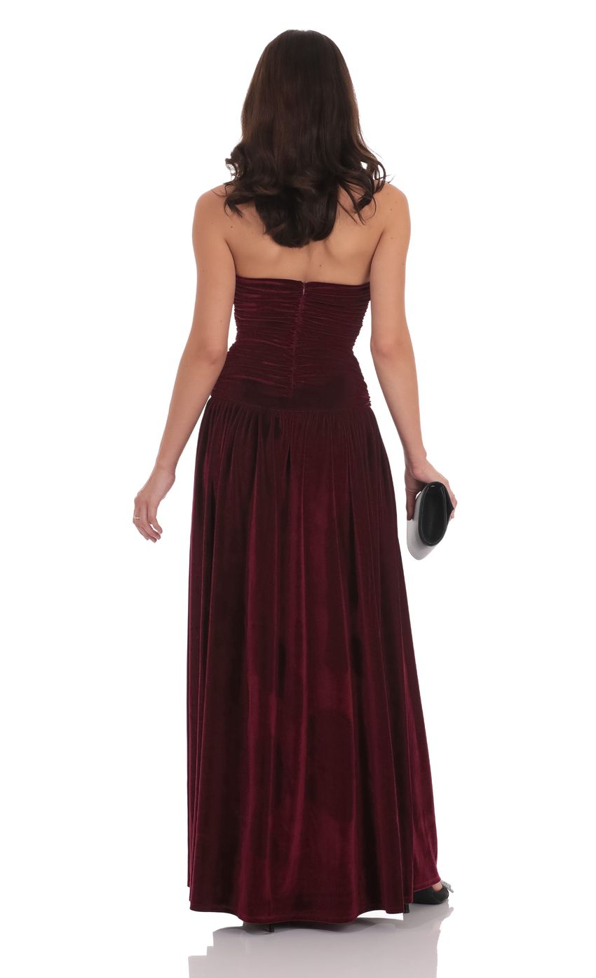 Velvet Ruched Drop Waist Maxi Dress in Wine