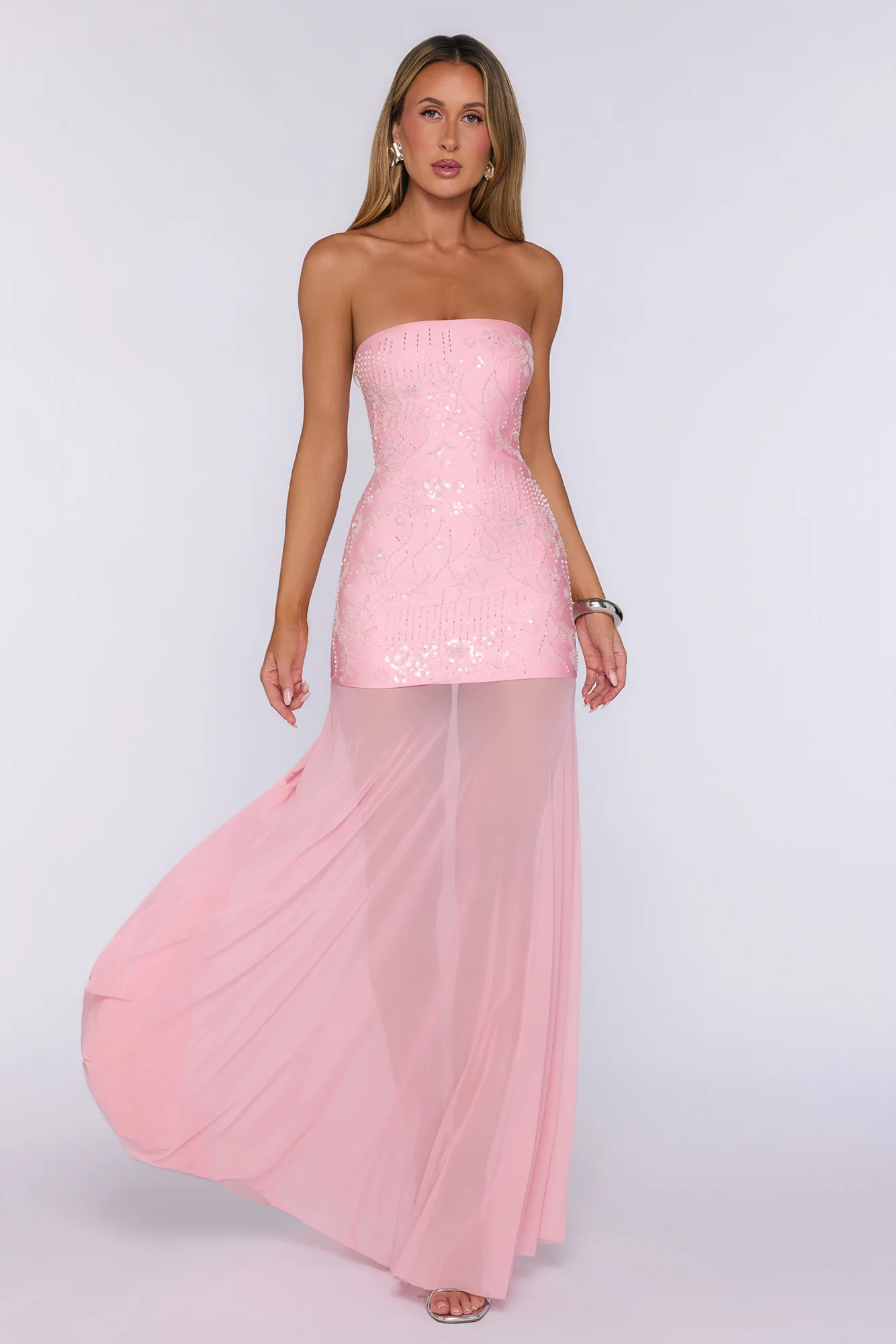 The Fame Effect Embellished Mesh Strapless Maxi Dress Pink