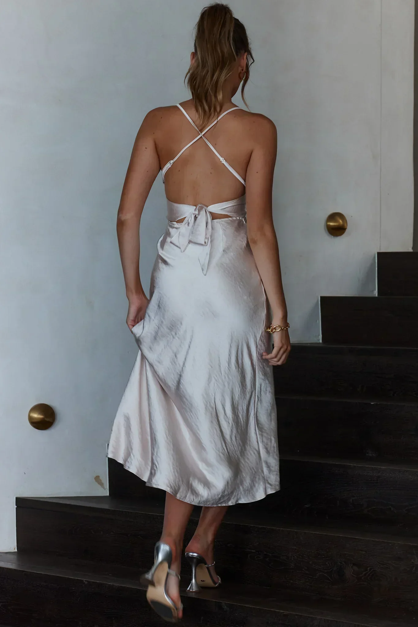 Lakoda Gathered Bust Bow Tie Back Midi Dress Champagne