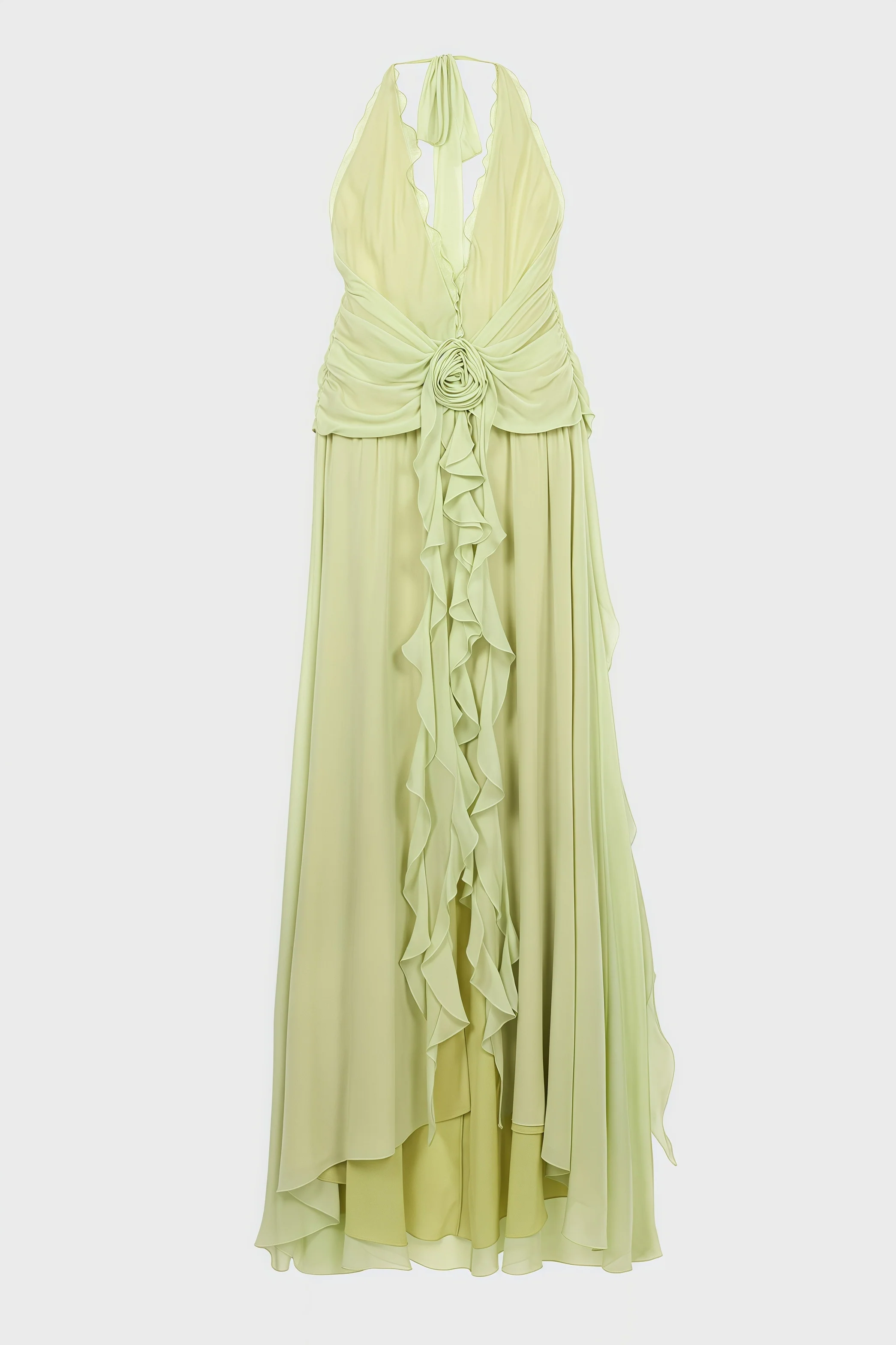 Xavif Green 3D Flower Ruffled Maxi Dress