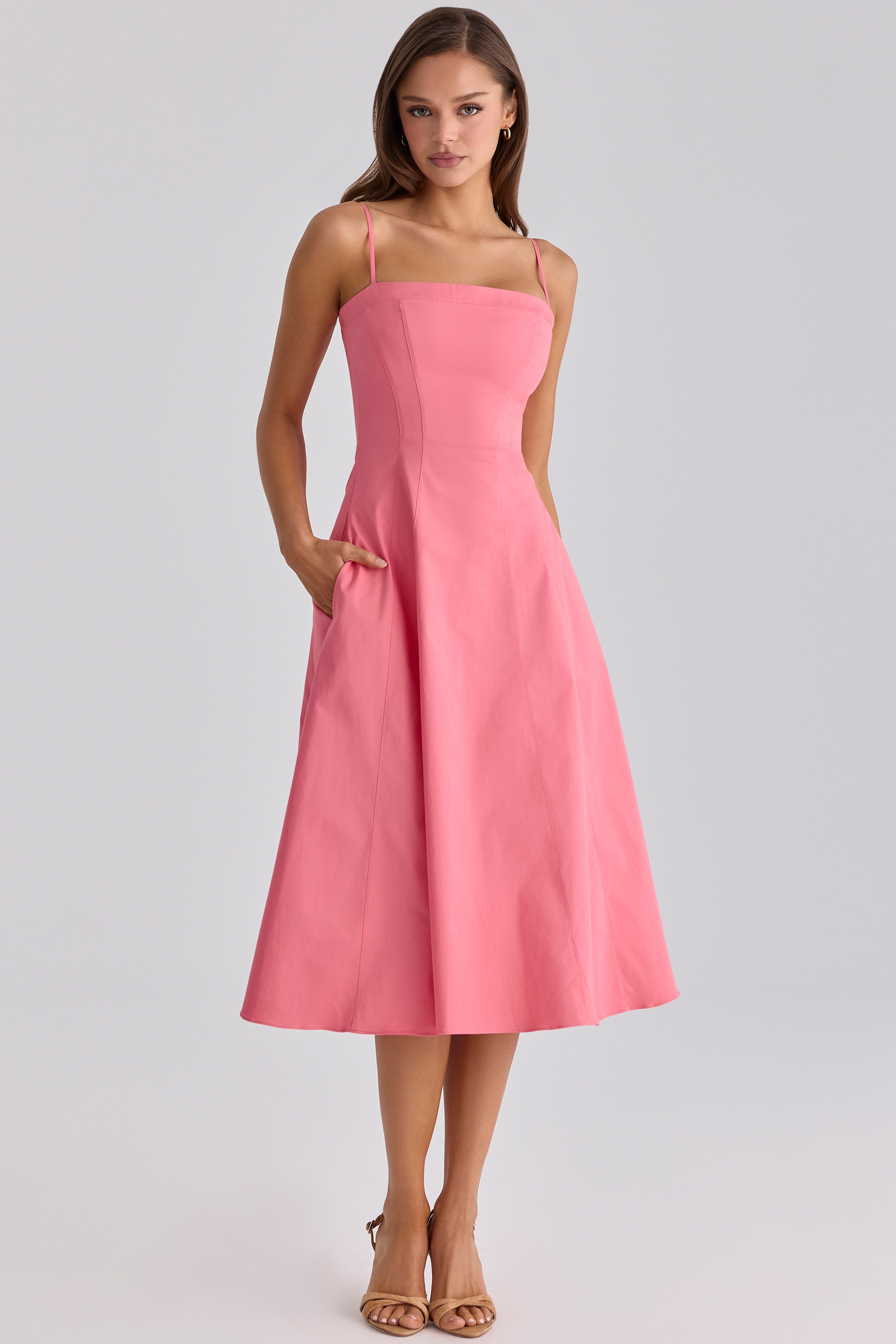 raspberry cotton flared midi sundress