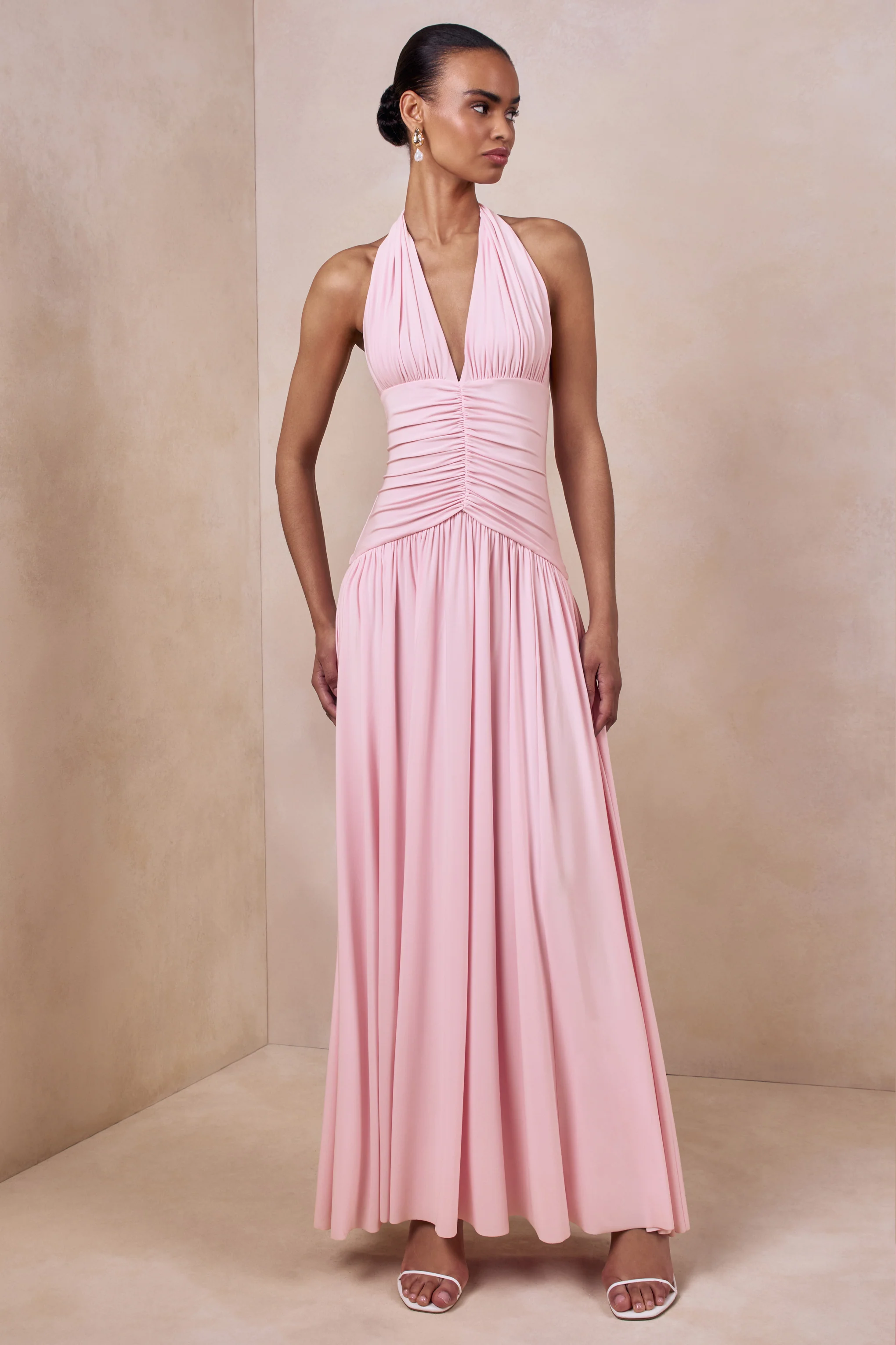 Bettina | Pink Plunge-Neck Maxi Dress With Gathered-Detailing