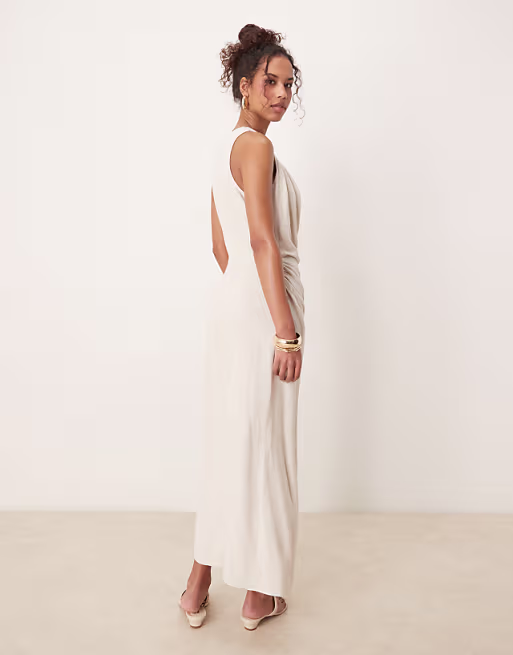 linen mix twist shoulder detail midi dress with ruching in oat