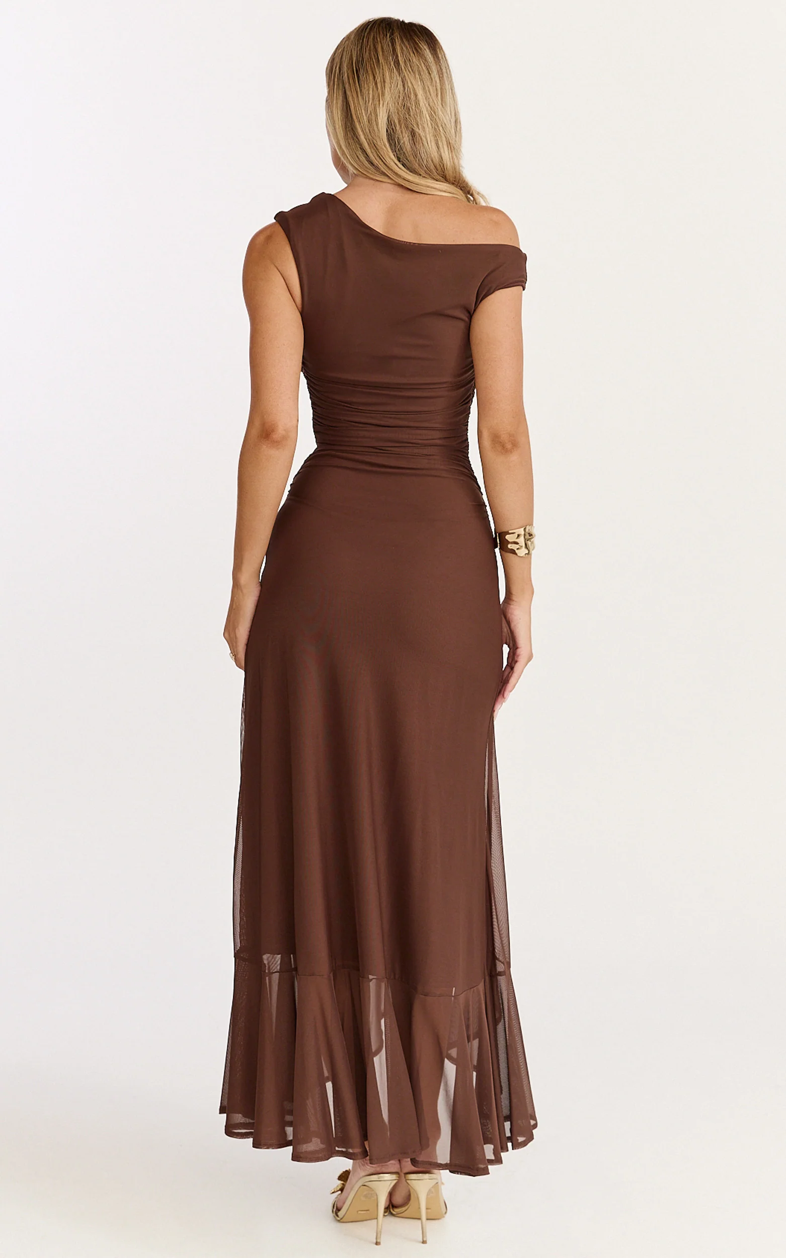 Judee Midi Dress - One Shoulder High Side Split Dress in Chocolate
