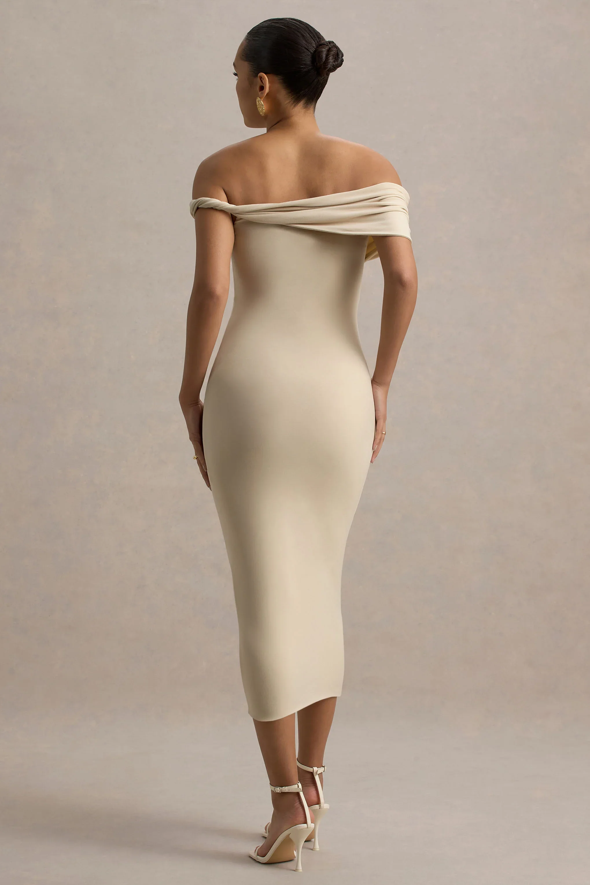 Skye | Sand Twisted Bardot Midi Dress