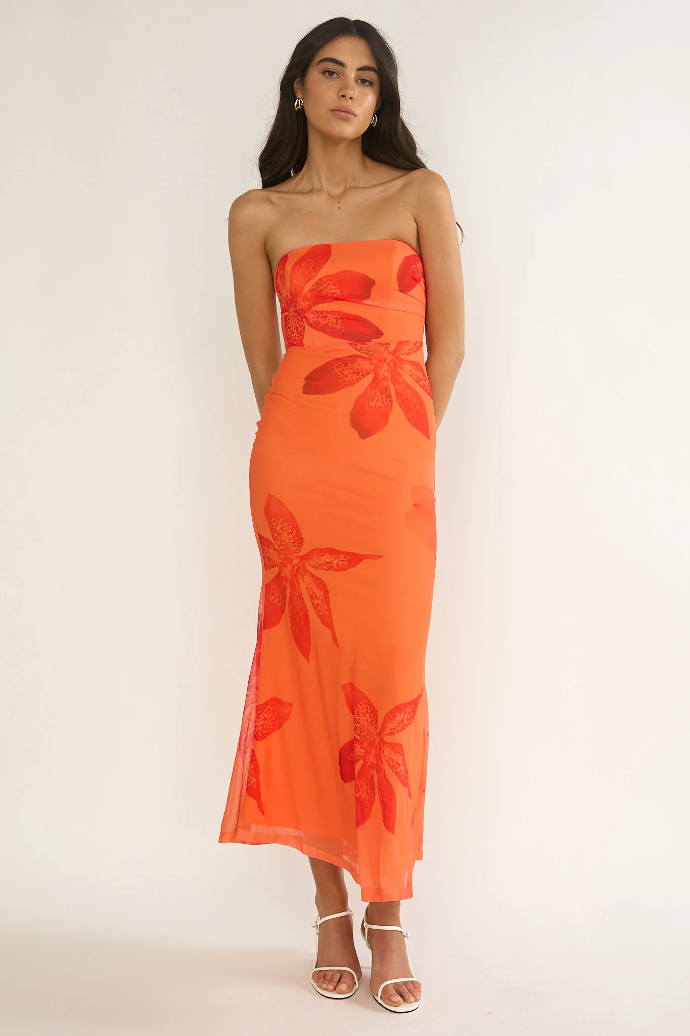 Minnesota Strapless Cowl Back Dress Floral Orange