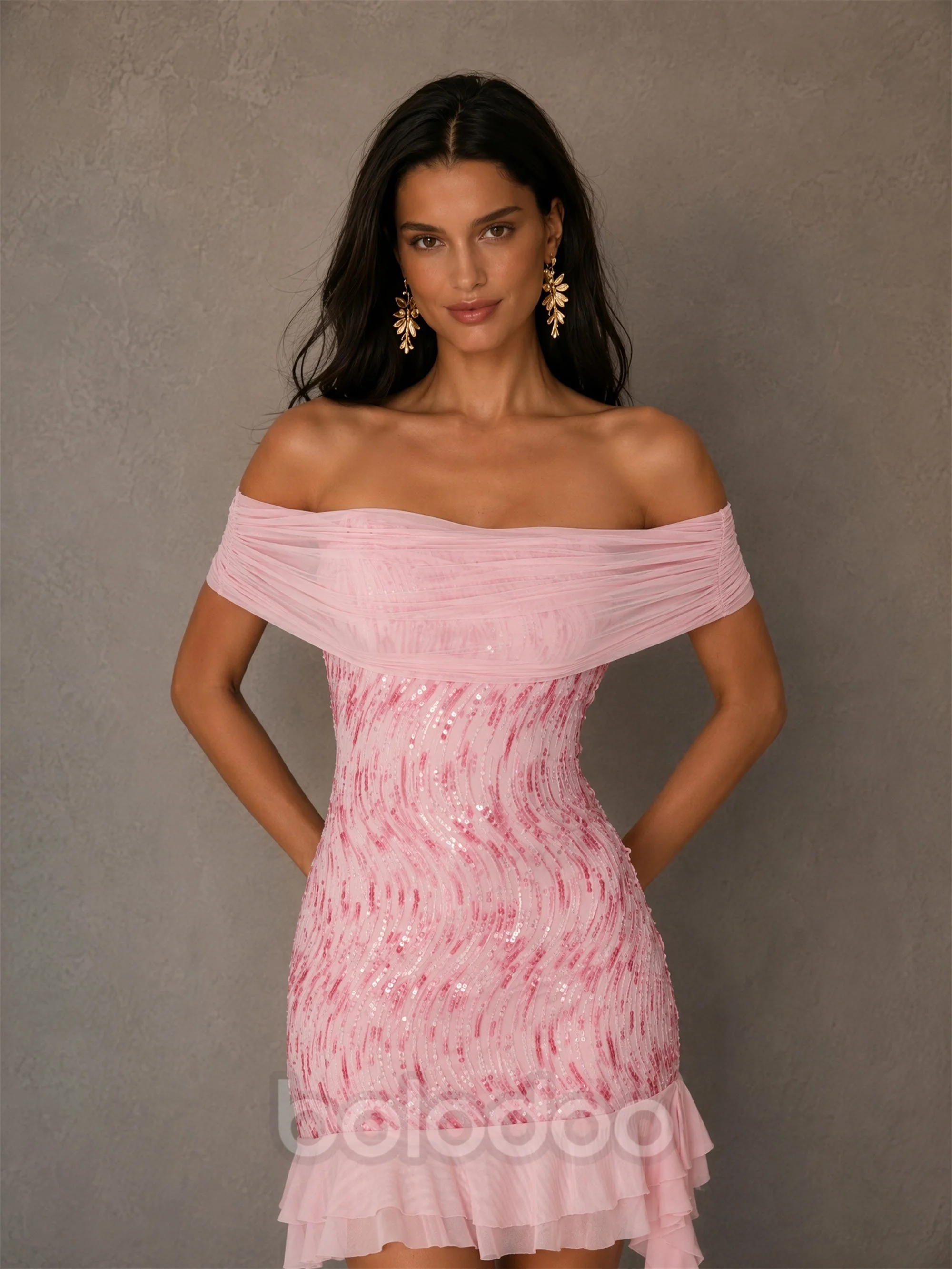 BOLODOO Pink Wave Sequin Off-Shoulder Asymmetric Ruffle Hem Bodycon Mini Dress | Bardot Chiffon Cascade Party Dress