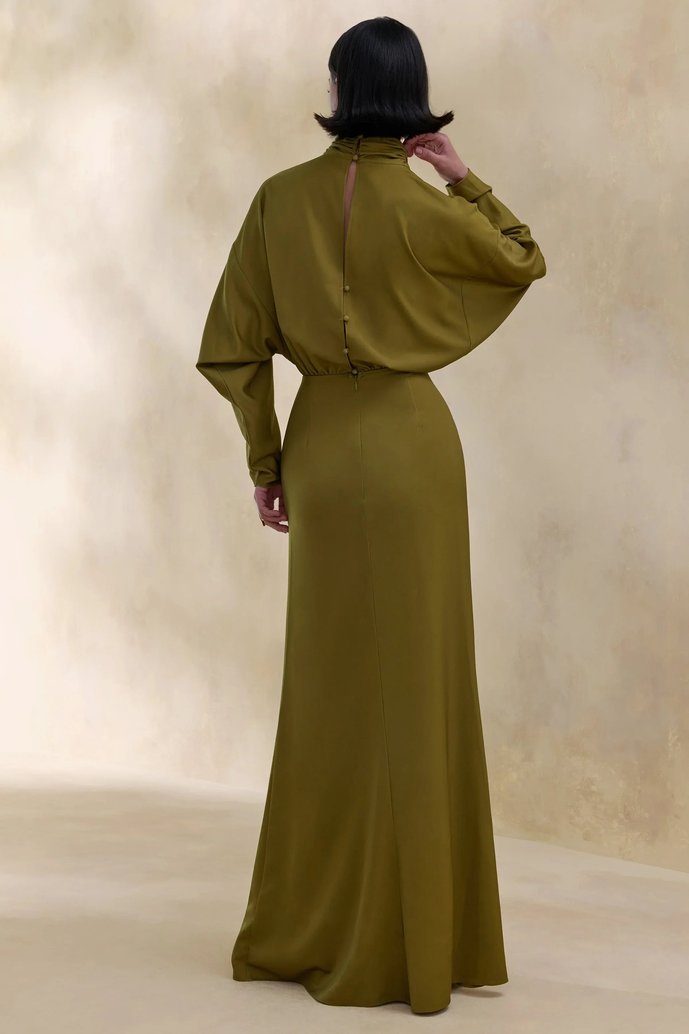 Perla | Olive High-Neck Maxi Dress With Gathered-Detailing