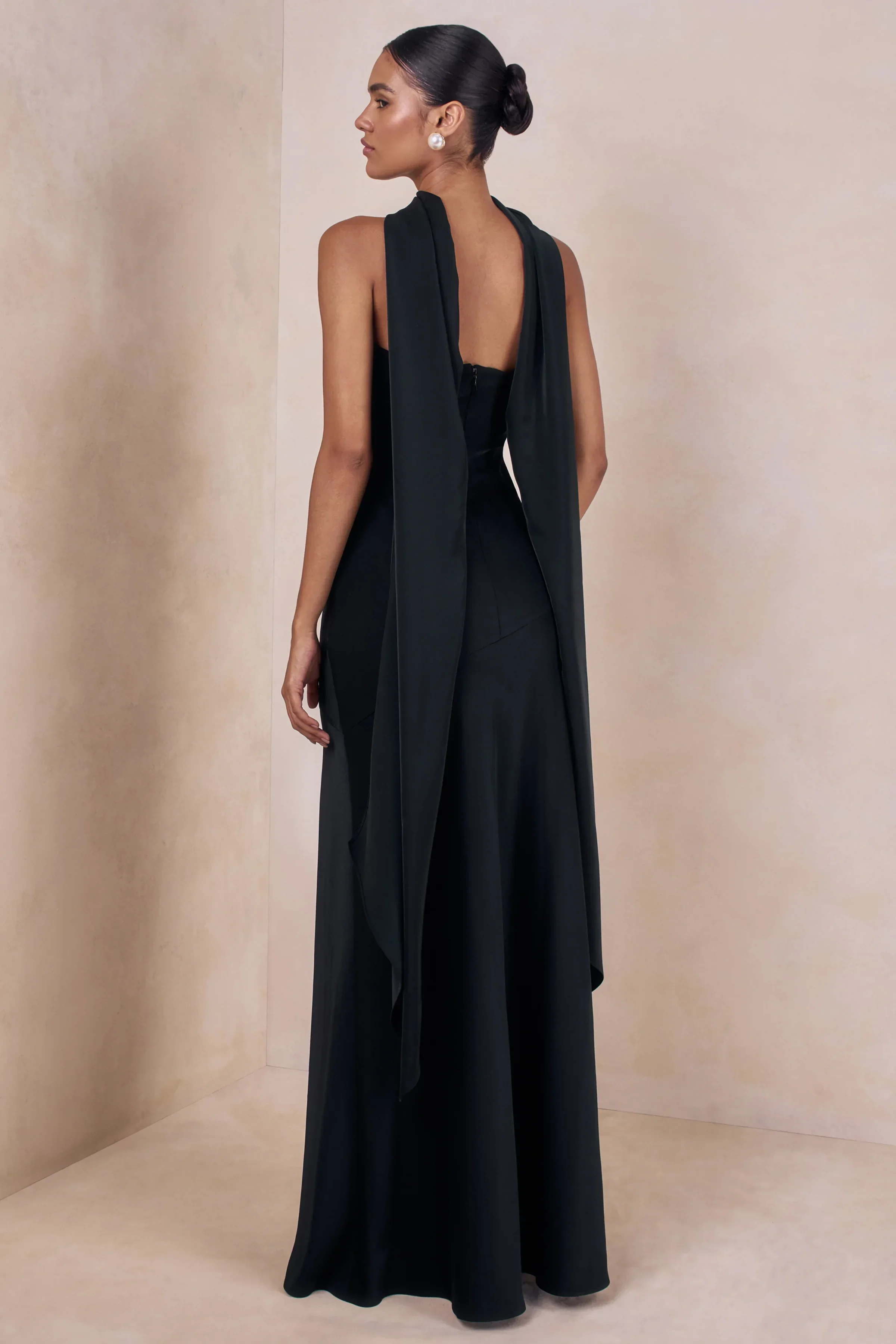 Charly | Black Satin Bandeau Maxi Dress With Scarf-Detail