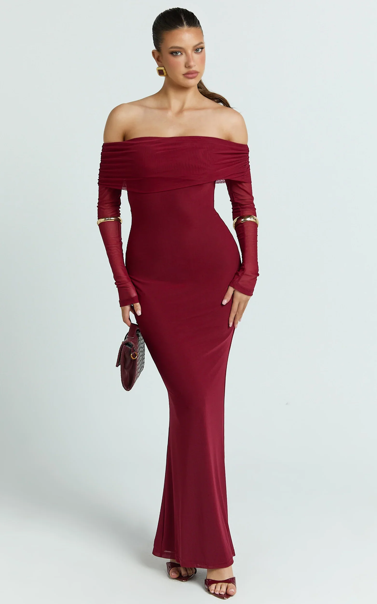 Bethanie Maxi Dress - Off The Shoulder Mesh Dress in Wine