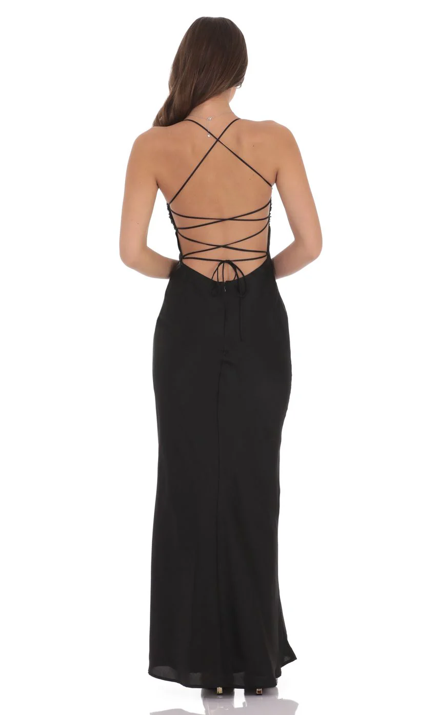 Sequin Bust Satin Maxi Dress in Black - luluinthesky