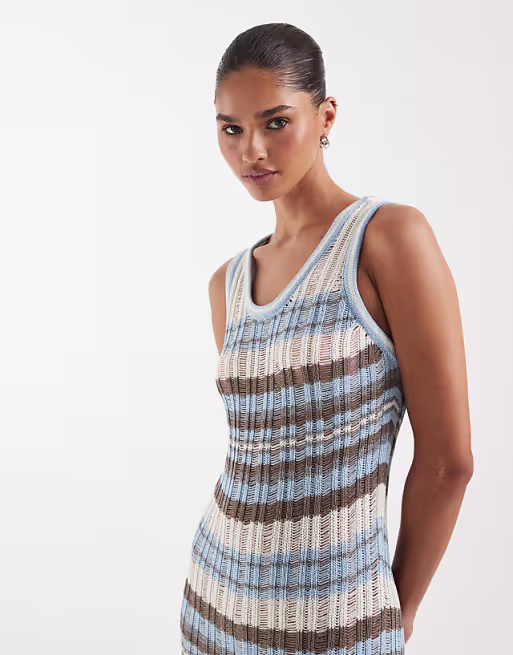 knit ladder stitch maxi dress in blue stripe