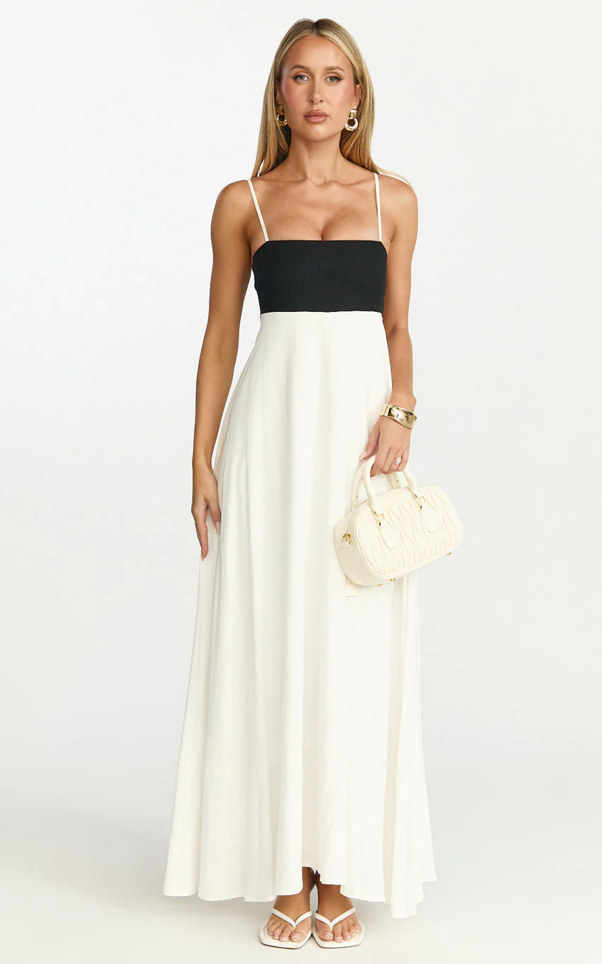 Katrien Maxi Dress - Strappy Empire Waist Flare Dress in Black & White - luluinthesky