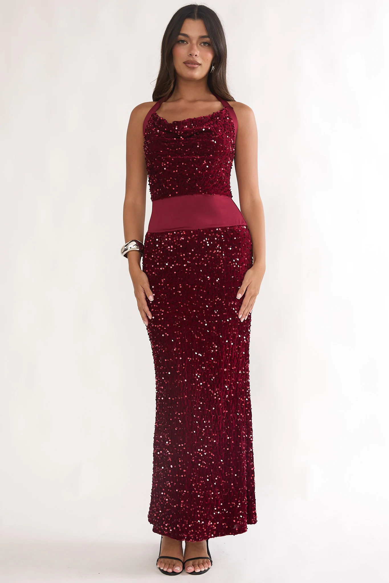 Cabernet Halter Maxi Dress Sequin Wine - luluinthesky