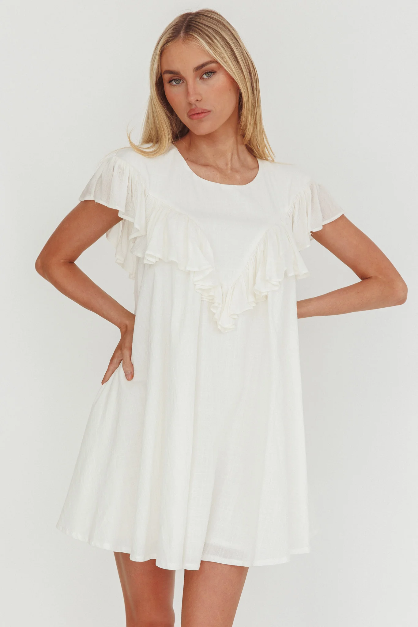 Sunshine Weekend Frill Trim Babydoll Mini Dress White - luluinthesky