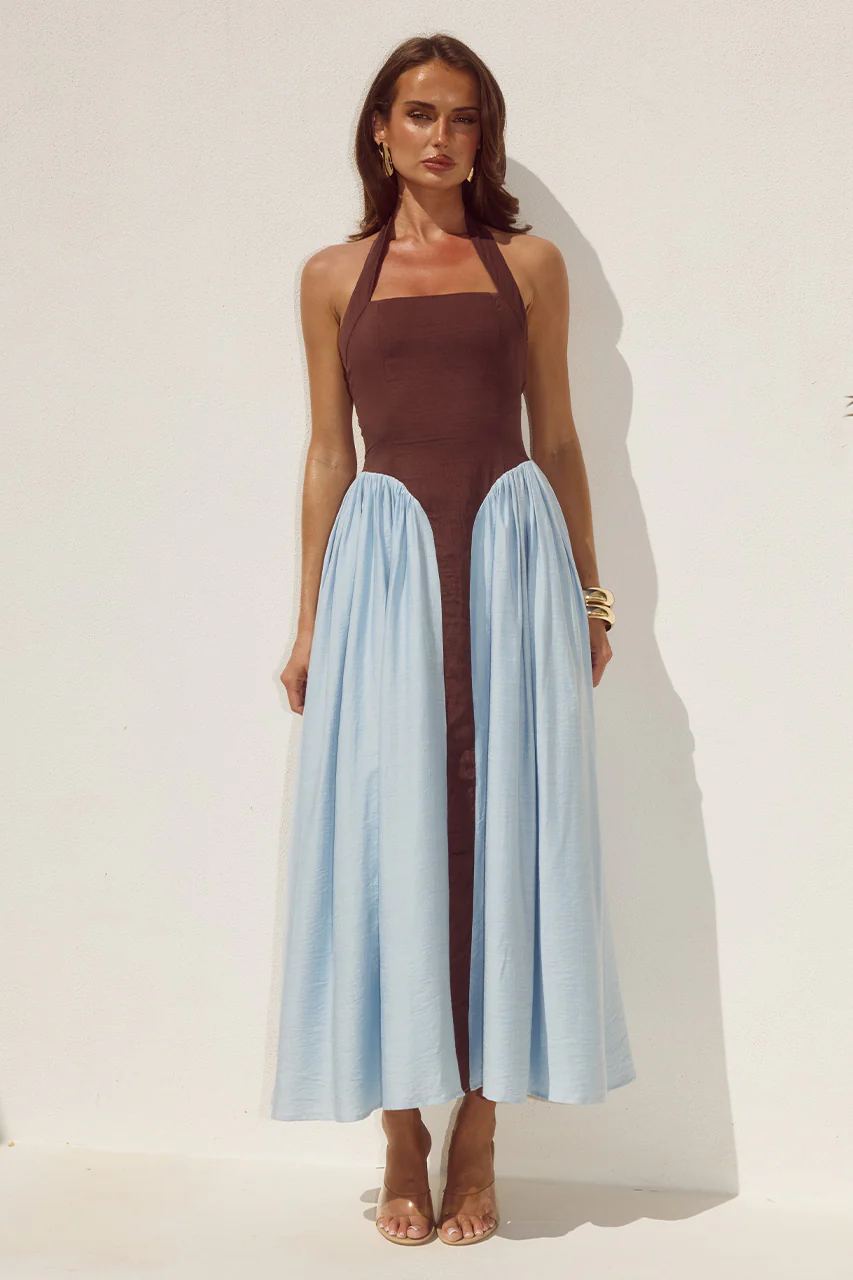 SAMMI HALTER MIDI DRESS - CHOCOLATE/SKY BLUE