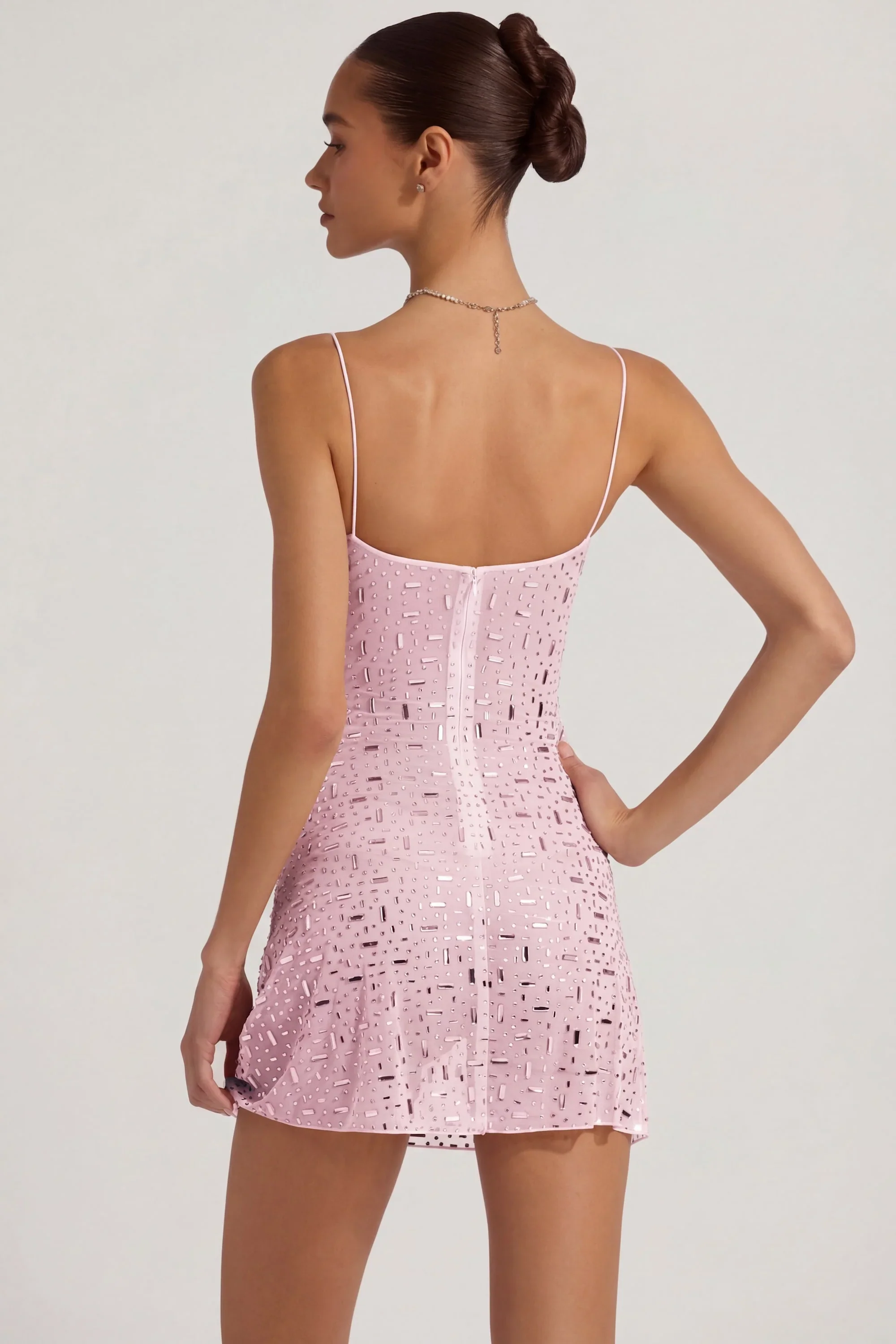 Sheer Embellished Square-Neck Mini Dress in Pink