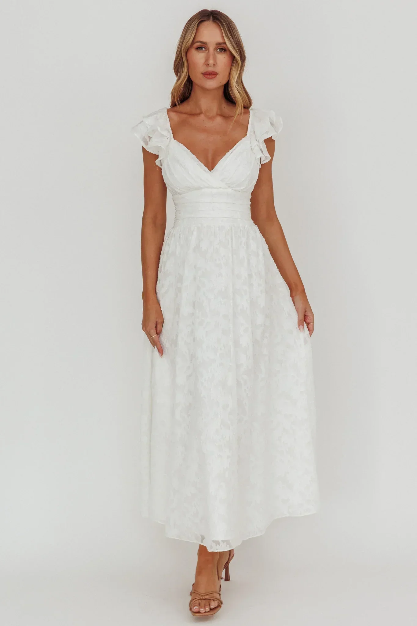 Lola Ruffle Shoulder Maxi Dress Textured White - luluinthesky
