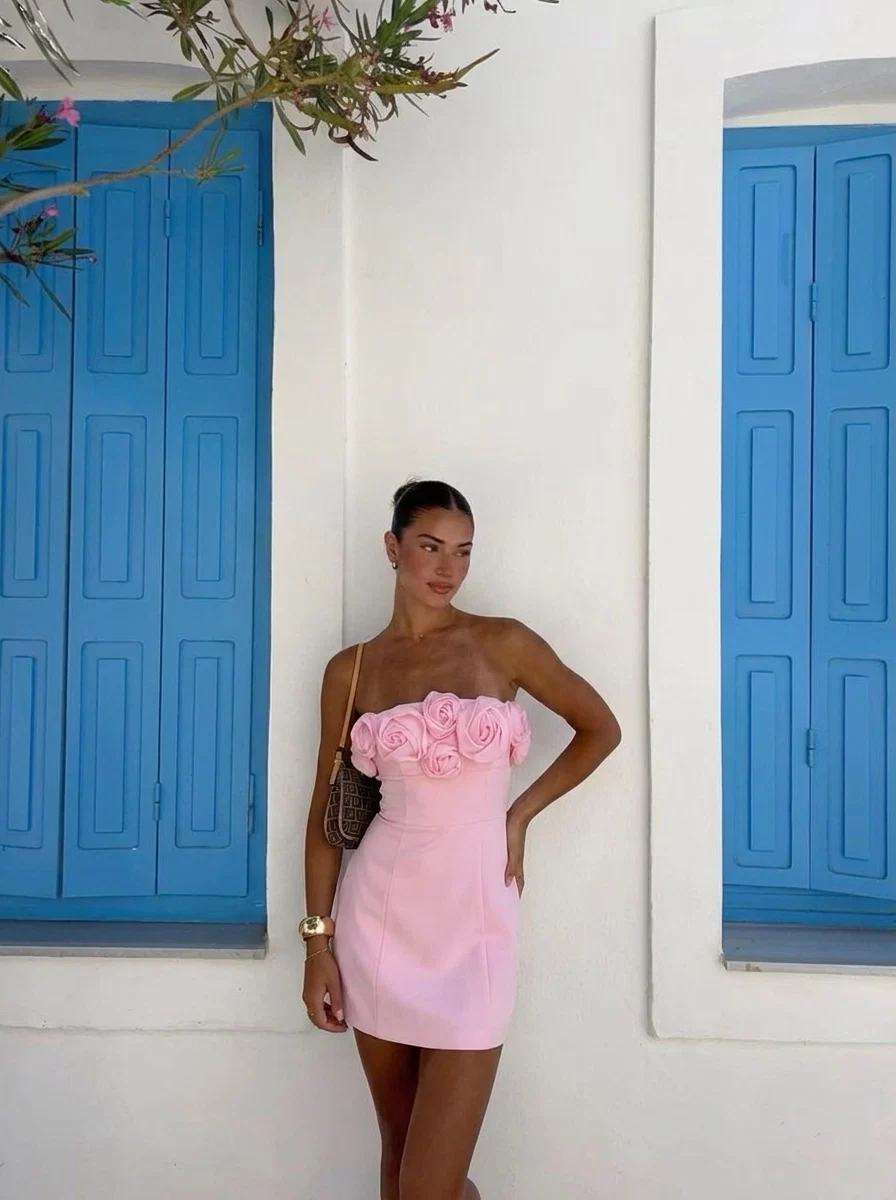 Rosette Strapless Mini Dress Pink - luluinthesky