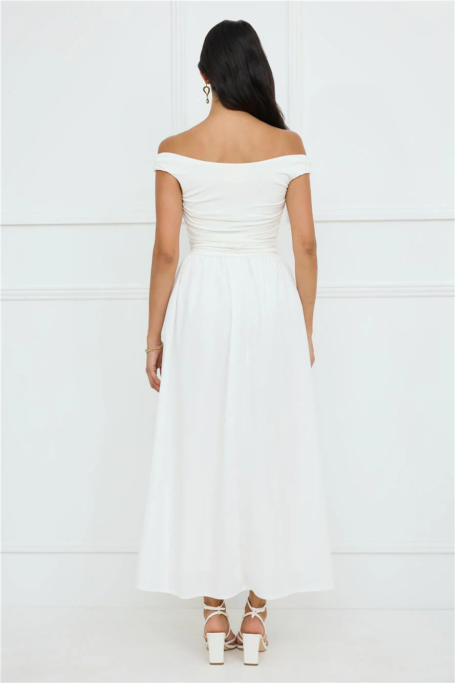 Camellia Charm Off Shoulder Maxi Dress White - luluinthesky