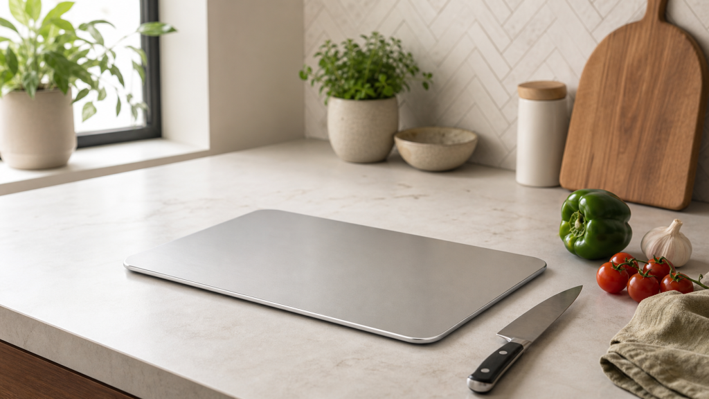 Titanium cutting board on a bright kitchen counter beside a chef knife