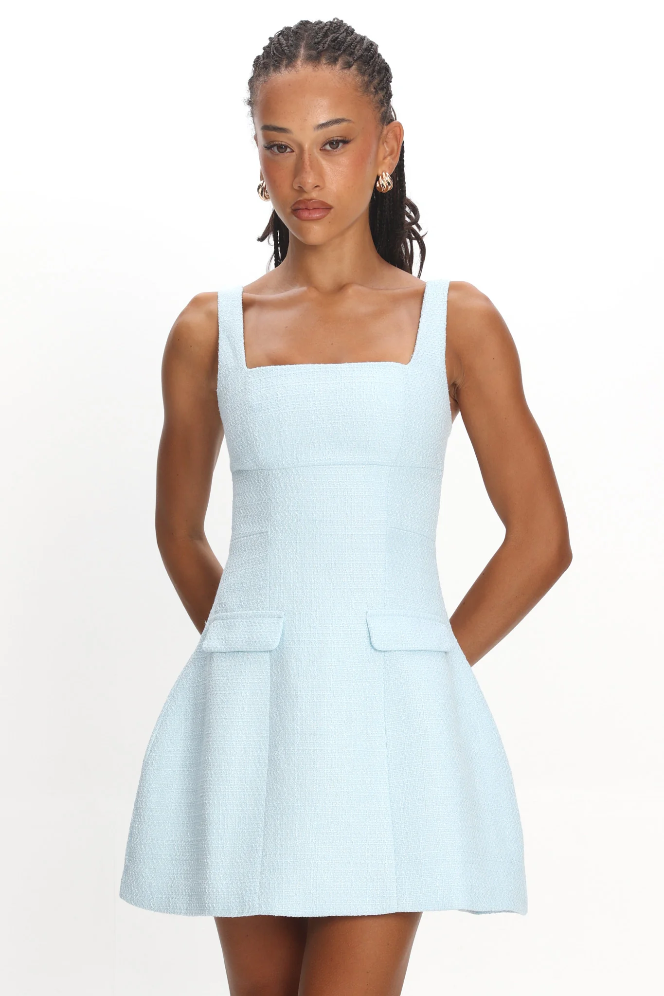 Melodic Faux Pocket Tweed Mini Dress Blue - luluinthesky