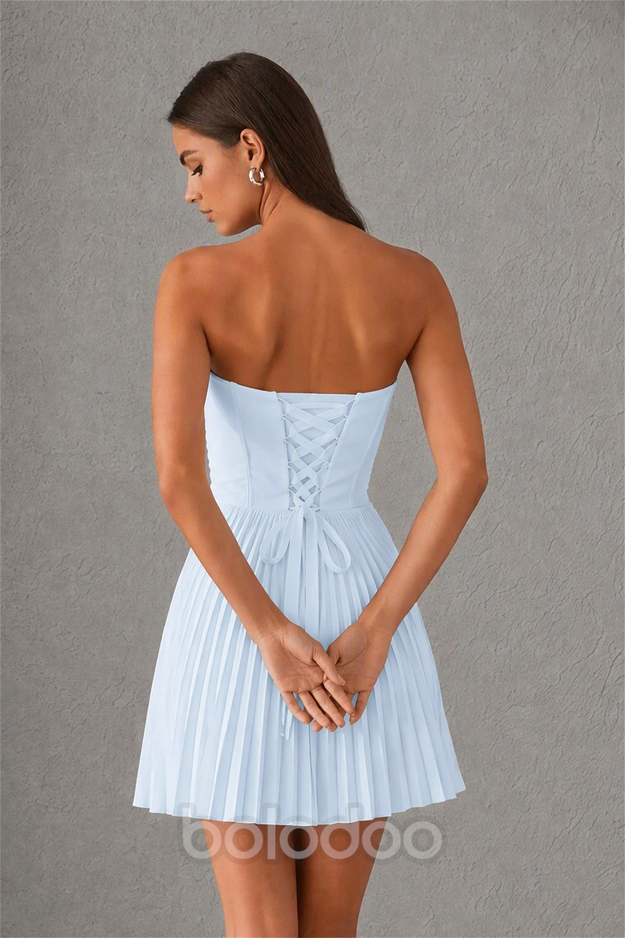 BOLODOO Light Blue Strapless Sweetheart Pleated Corset Mini Dress with Lace-Up Back