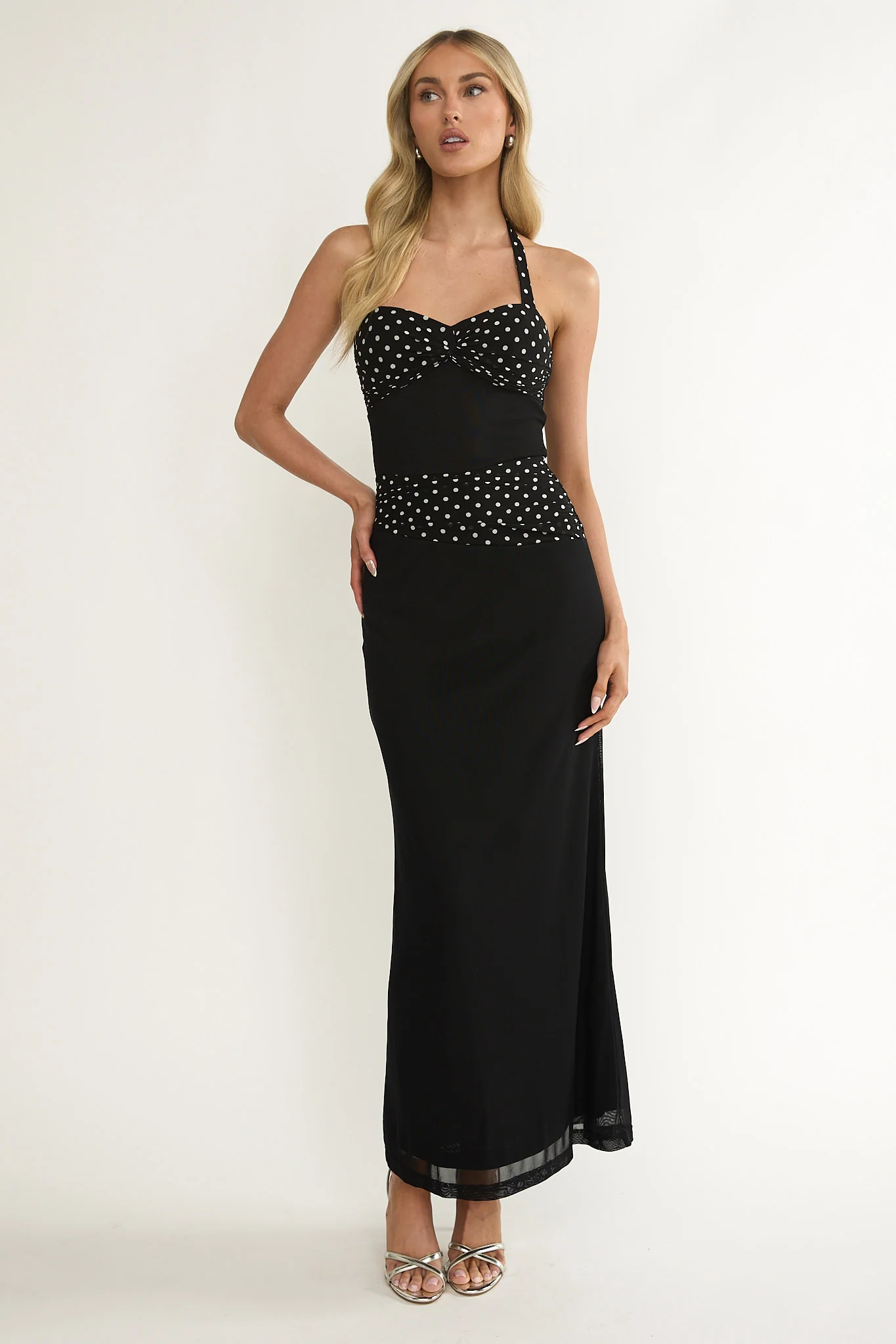 Swan Halterneck Ruched Waist Maxi Dress Black - luluinthesky