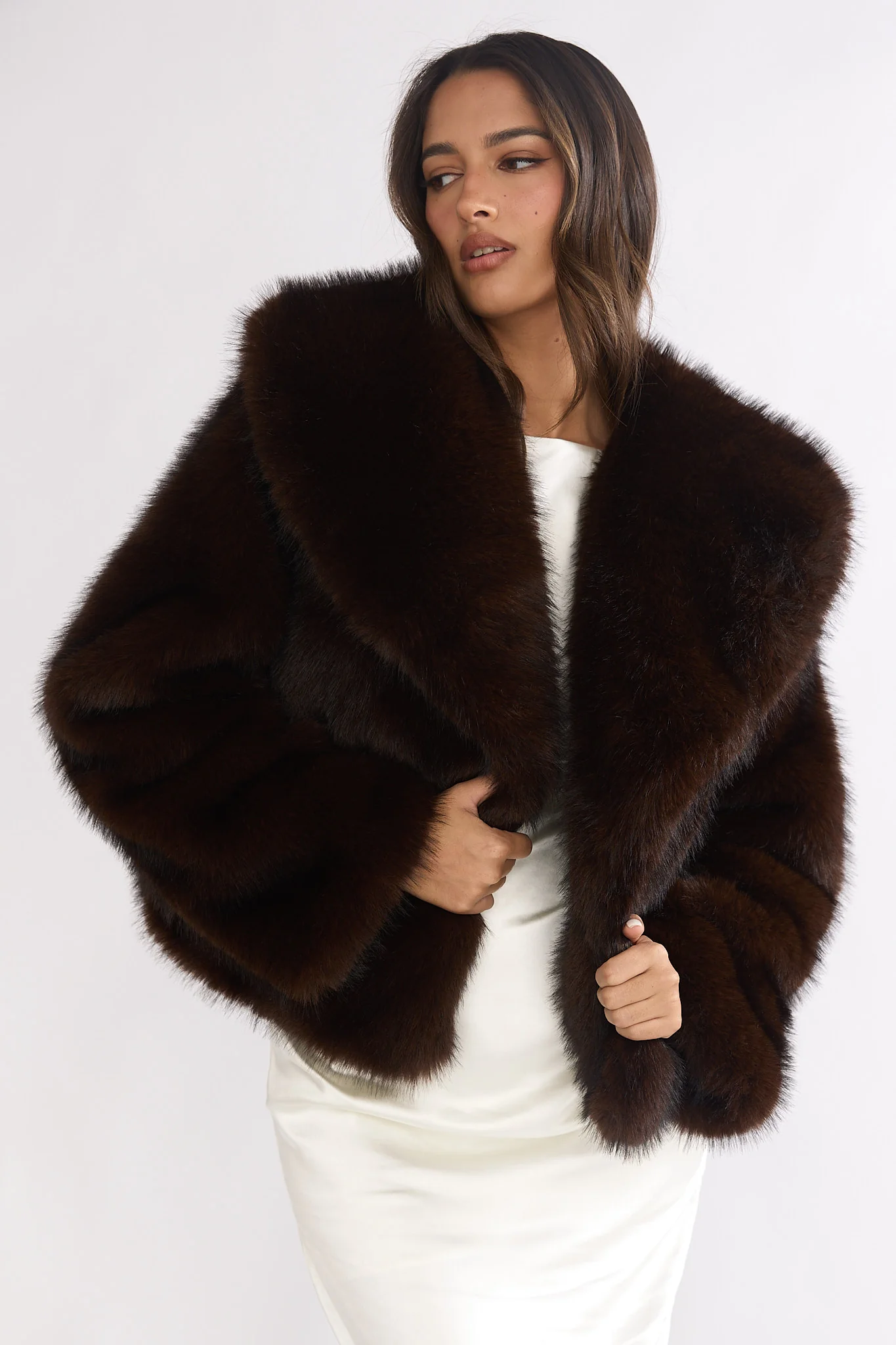 Marella Oversized Lapel Faux Fur Jacket Coffee