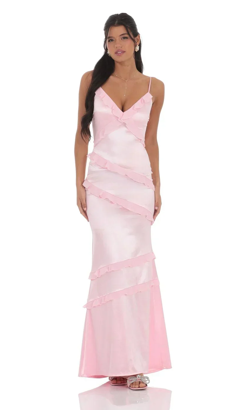 Satin V-Neck Ruffle Mermaid Maxi Dress in Pink