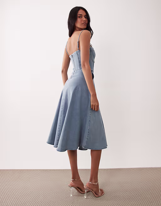 TFNC stretch denim cami cup detail full skirt midi dress in blue