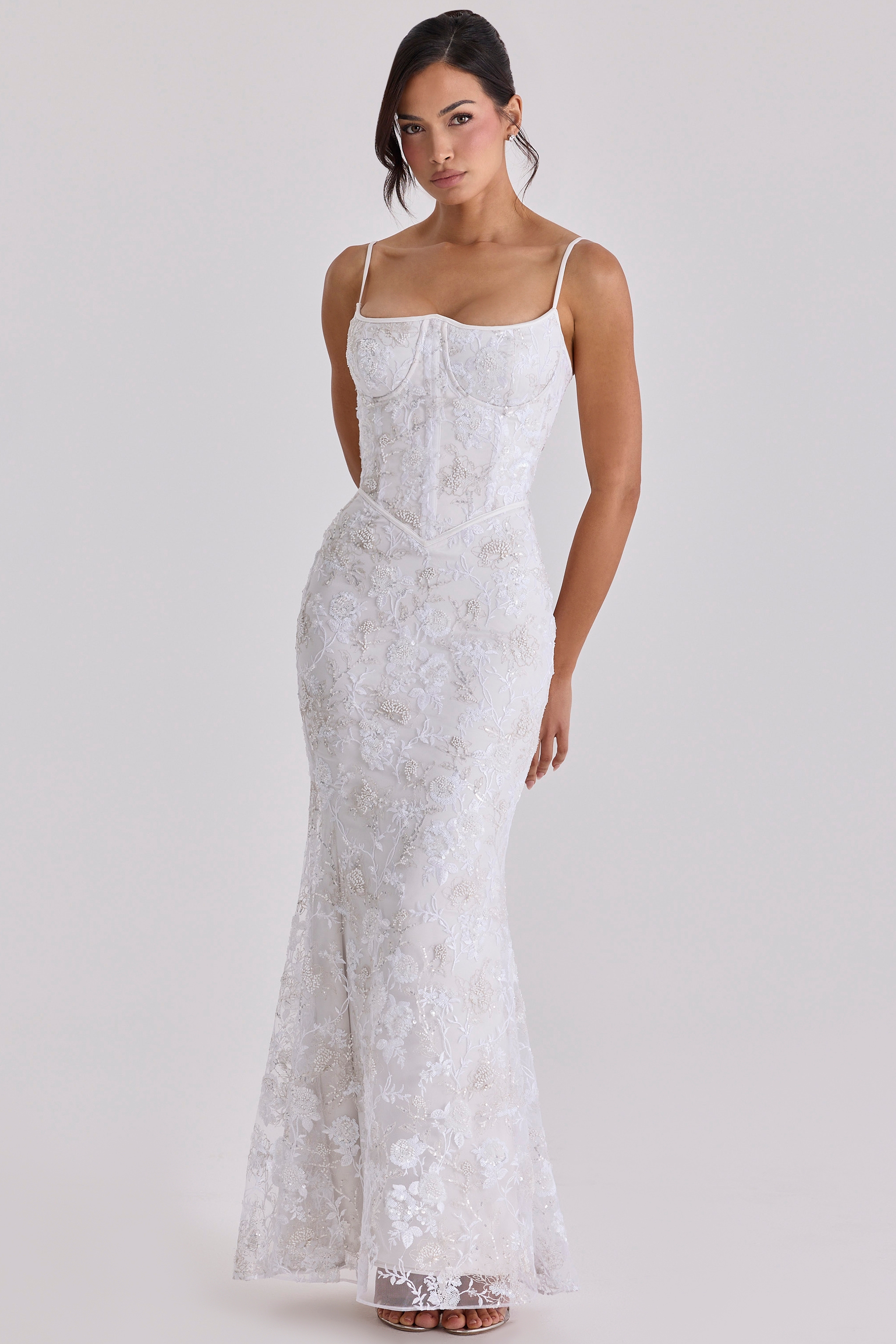 White Hand Beaded Embellished Satin Bridal Gown