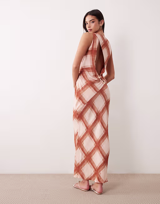 draped open back trim detail linen look maxi dress in check print