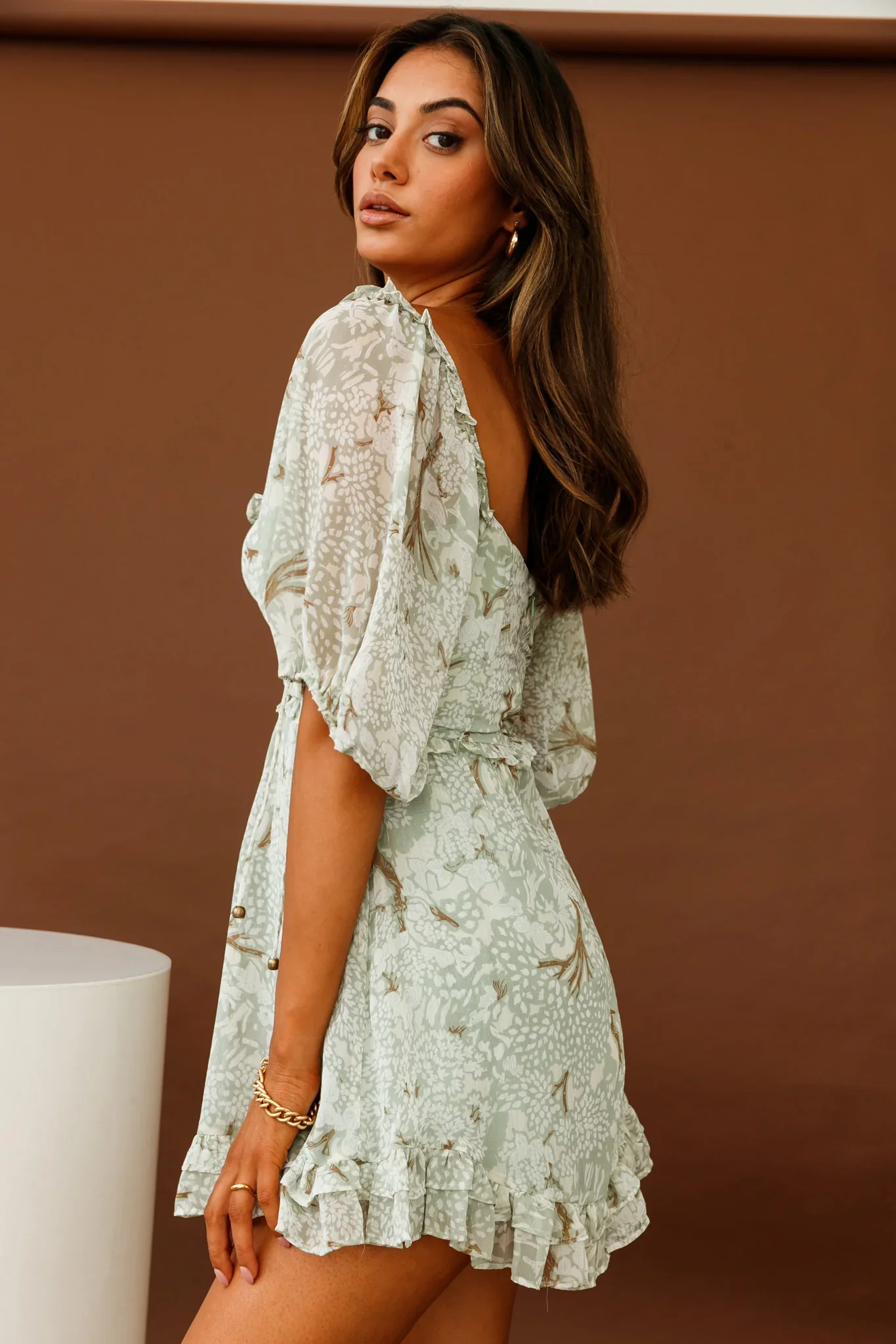 Kirra Puff Sleeve Ruched Bodice Dress Botanic Print Sage