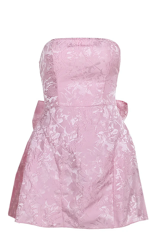 Jacquard Print Tube Back Bow Mini Dress