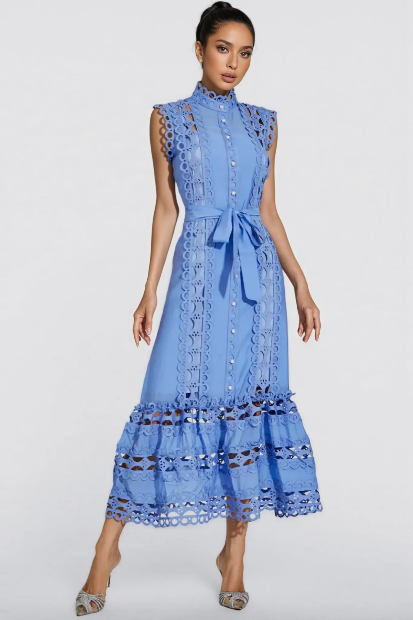 Mellies Blue Sleeveless Hollow Maxi Dress