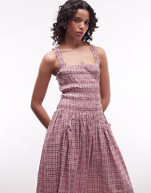COLLUSION square neck shirred midi dress in pink plaid