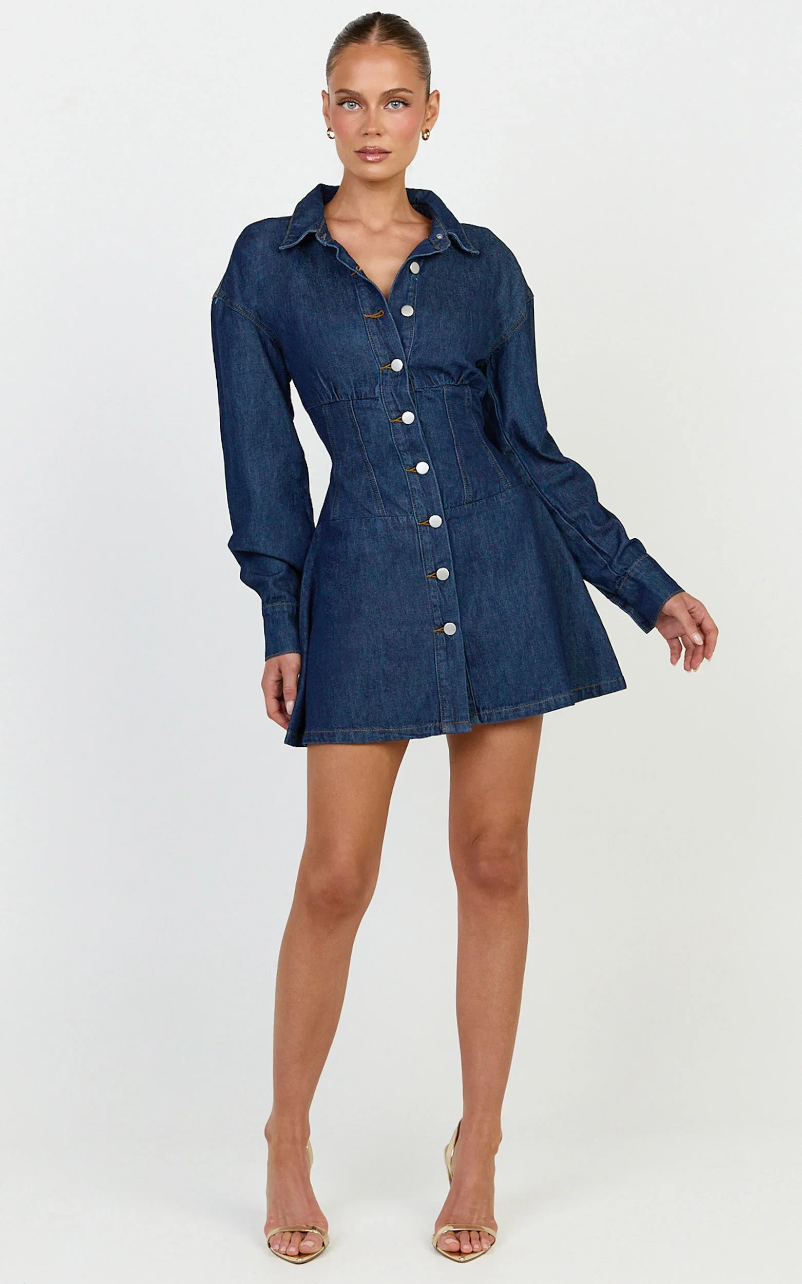 Amaris Mini Dress - Long Sleeve Corset Shirt Dress in Dark Blue Wash